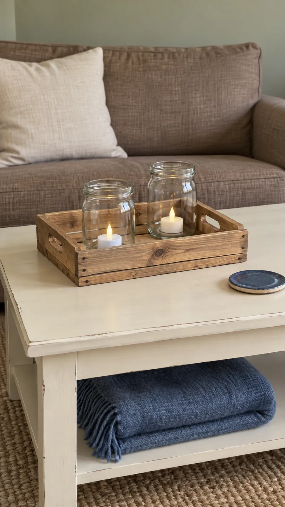 Keep a farmhouse jar arrangement inside one crate tray on a Christmas coffee table