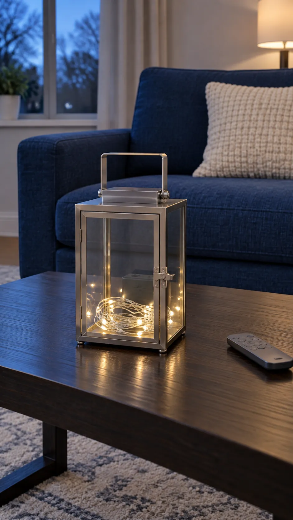 Place a clear lantern around a contained light strand on a Christmas coffee table