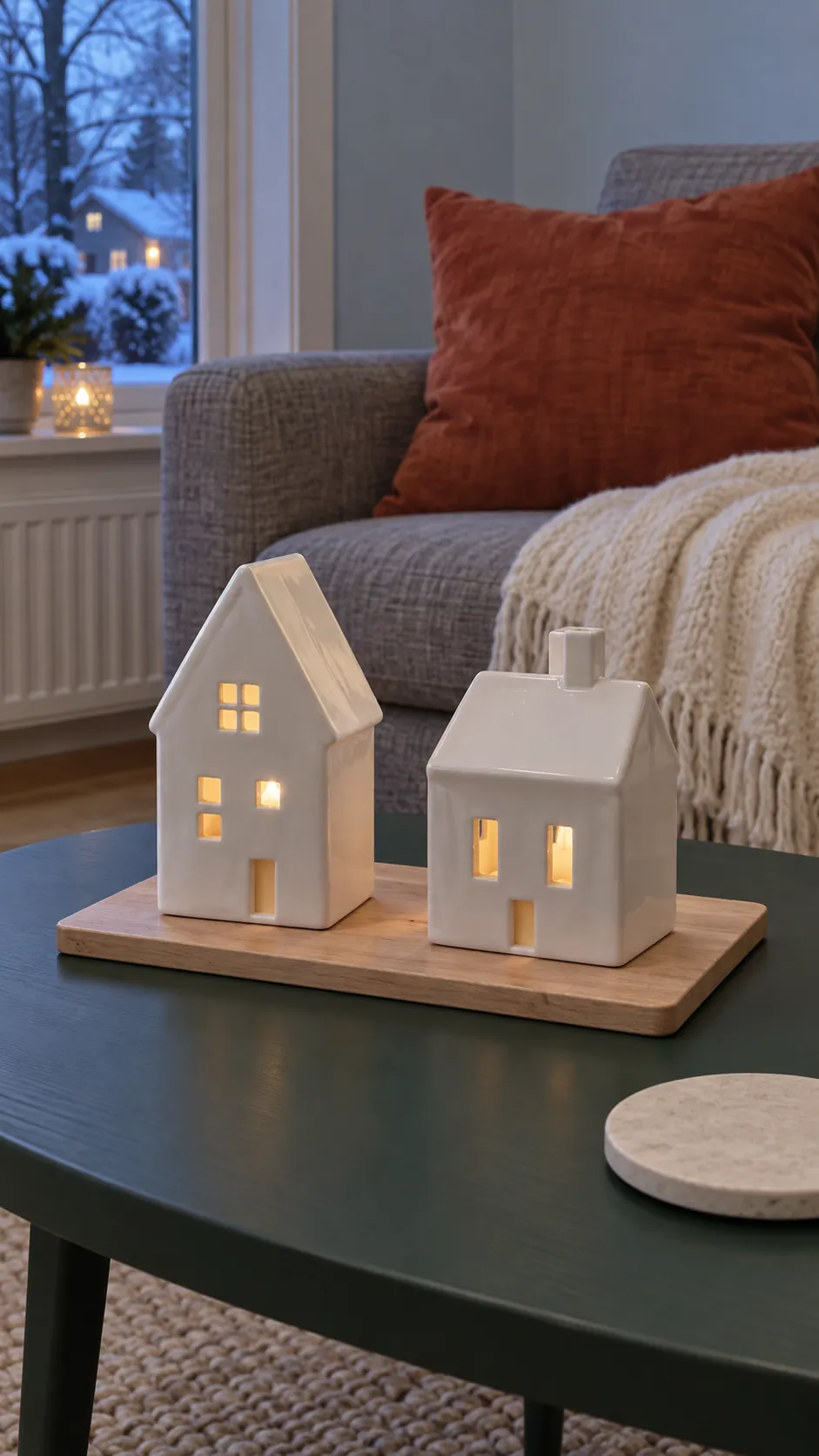 Limit a ceramic village to two houses on a Christmas coffee table