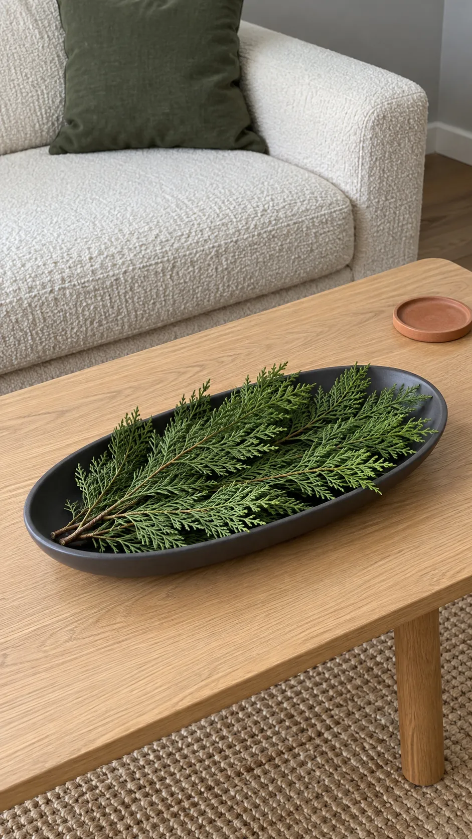 Lay evergreen tips in a low oval dish on a Christmas coffee table