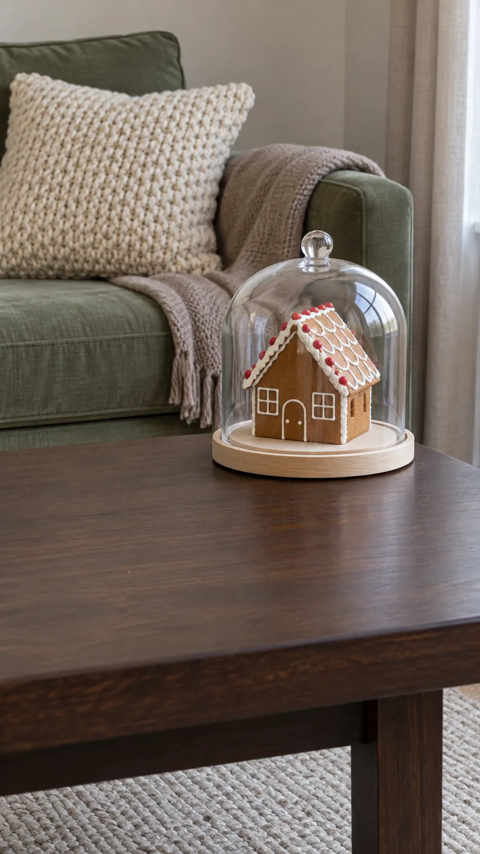 Protect a decorative gingerbread house with a cover on a Christmas coffee table