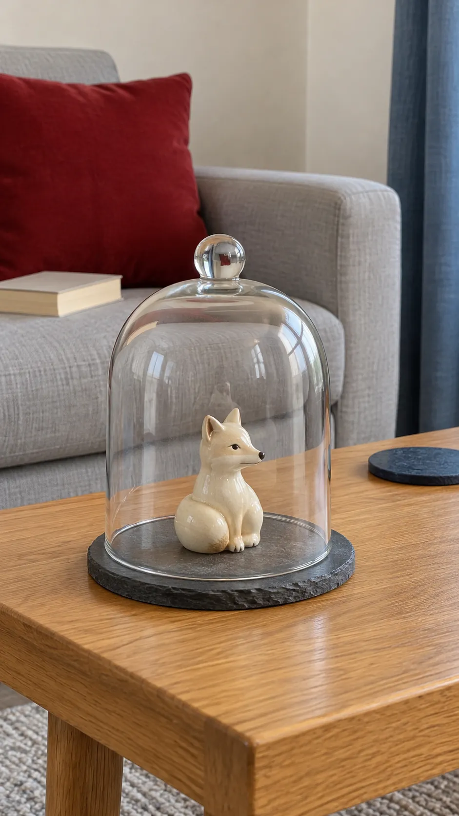 Place one figurine beneath a glass cloche on a Christmas coffee table