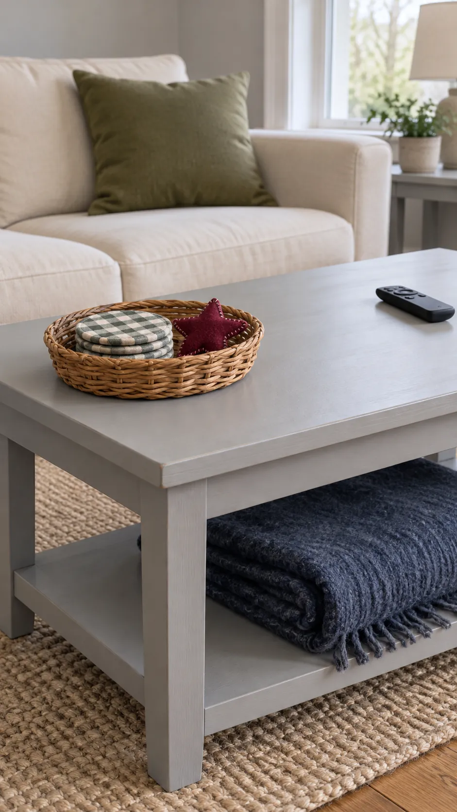 Keep throws below the table and a small basket above on a Christmas coffee table