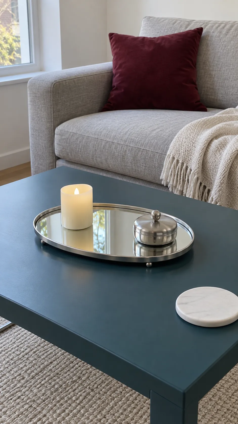 Use a mirrored tray with a restrained silver grouping on a Christmas coffee table