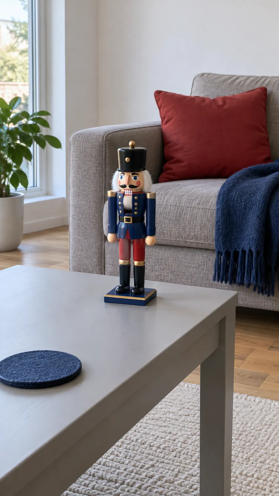 Let one nutcracker stand at the table end on a Christmas coffee table