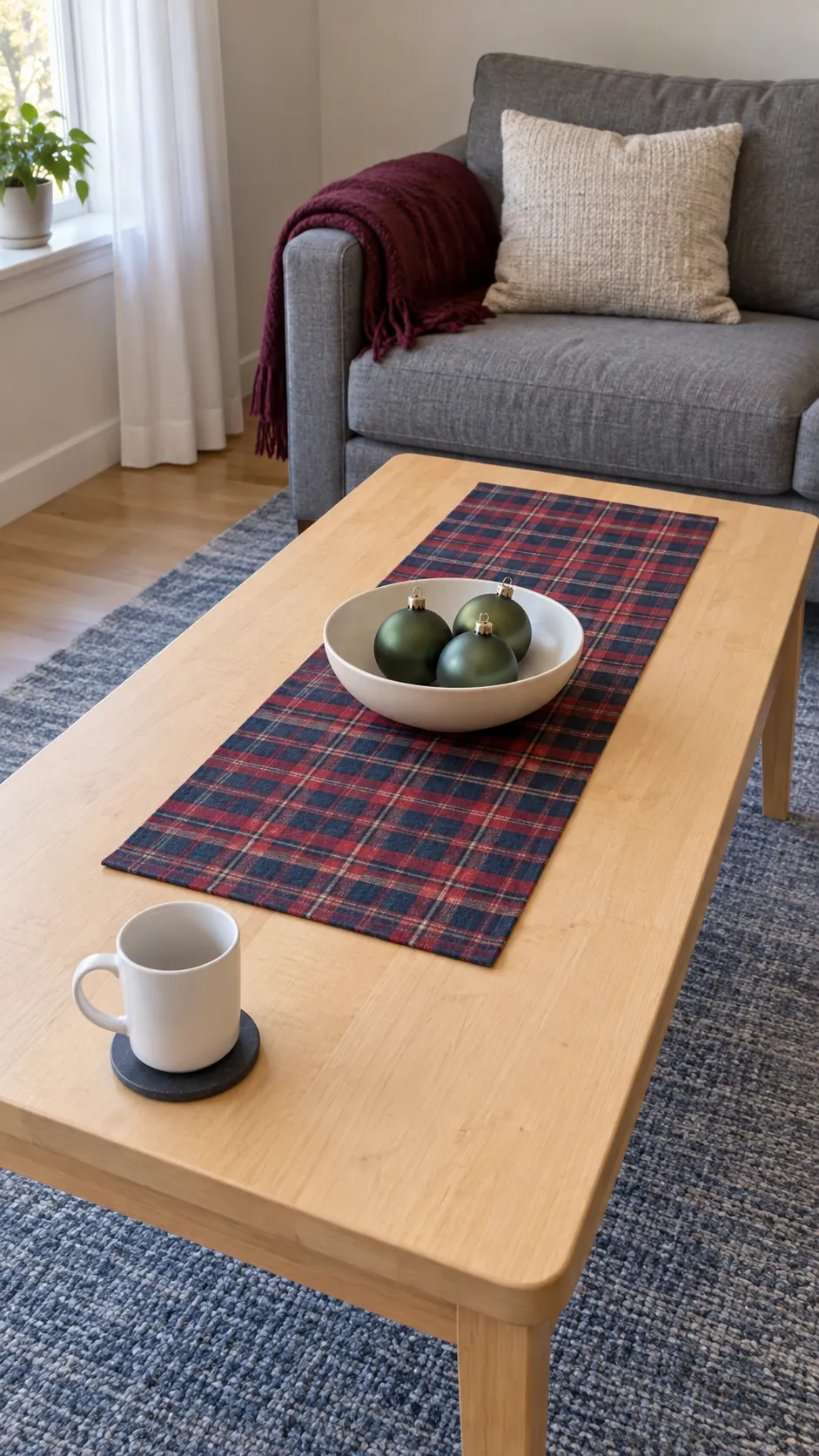 Keep a short plaid runner inside the table edges on a Christmas coffee table
