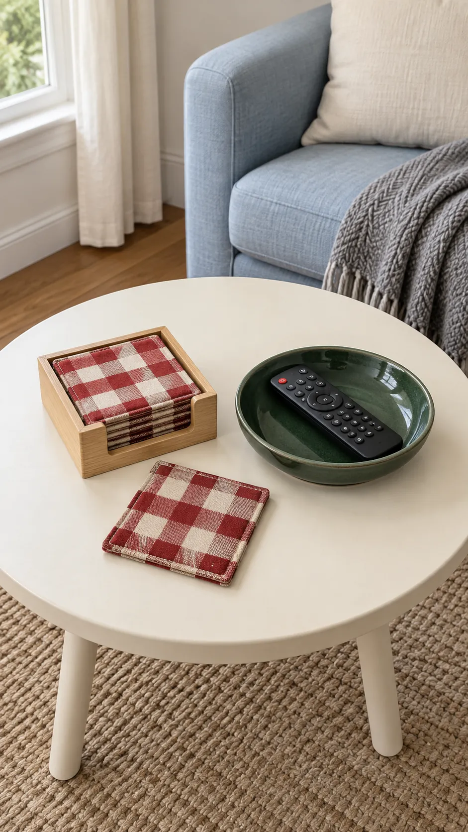 Repeat the season with a stack of fabric coasters on a Christmas coffee table