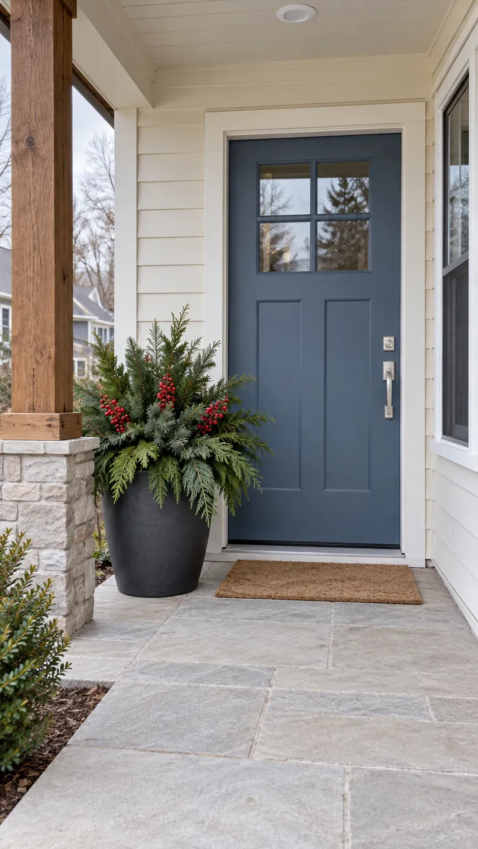 Christmas porch planter beside a clear entrance
