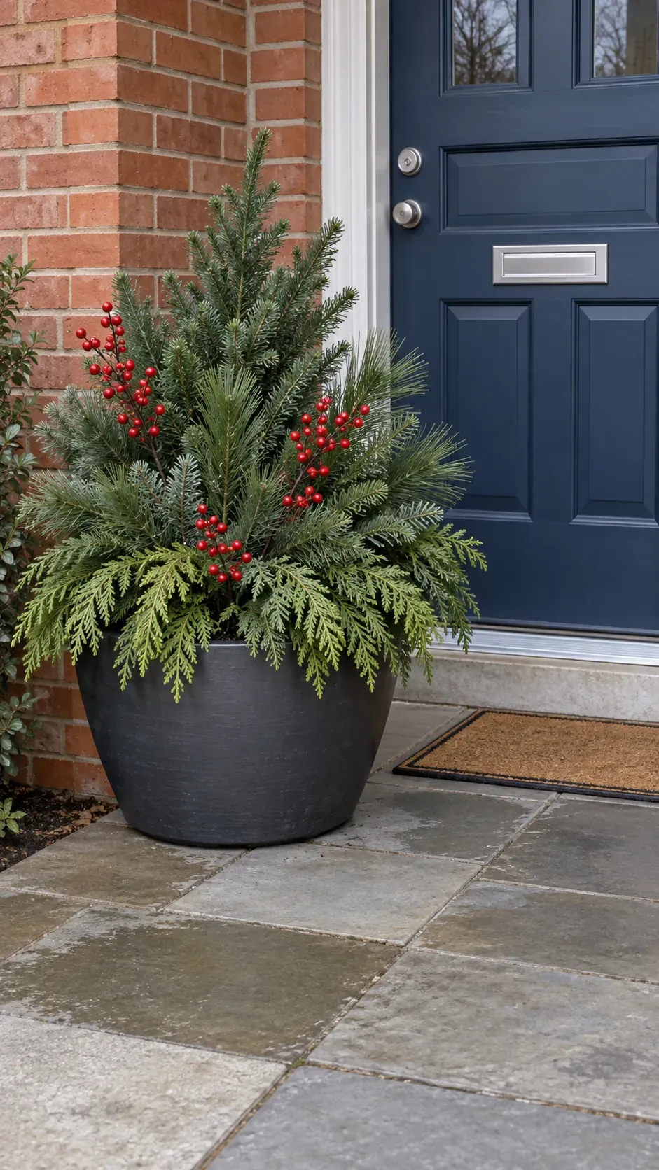 Layer cut evergreens with a restrained berry accent in a practical Christmas porch planter