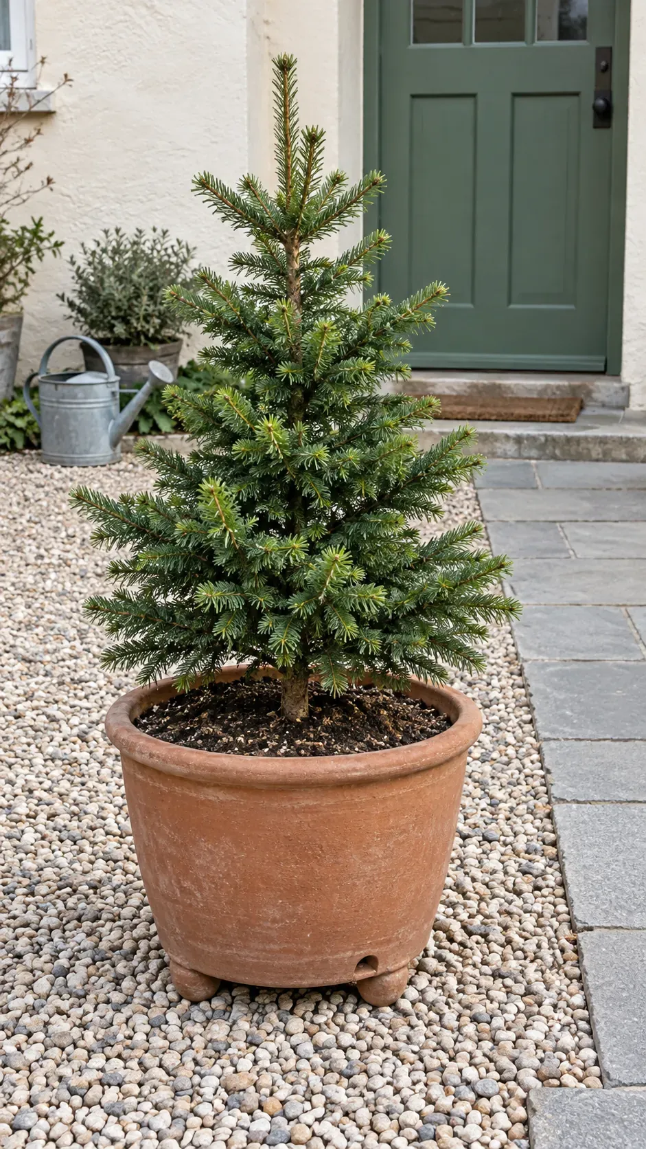 Put a small conifer in a container that suits its roots in a practical Christmas porch planter
