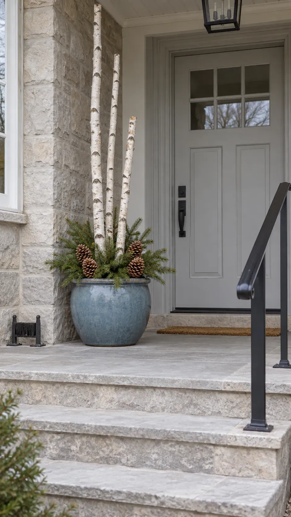 Use pale birch branches for height in a practical Christmas porch planter