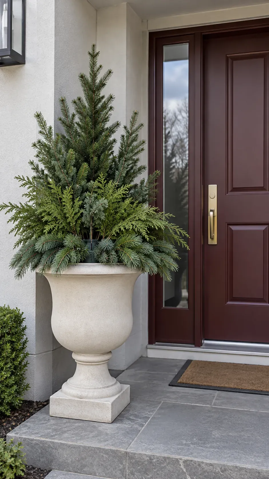 Build a layered silhouette in a tall urn in a practical Christmas porch planter