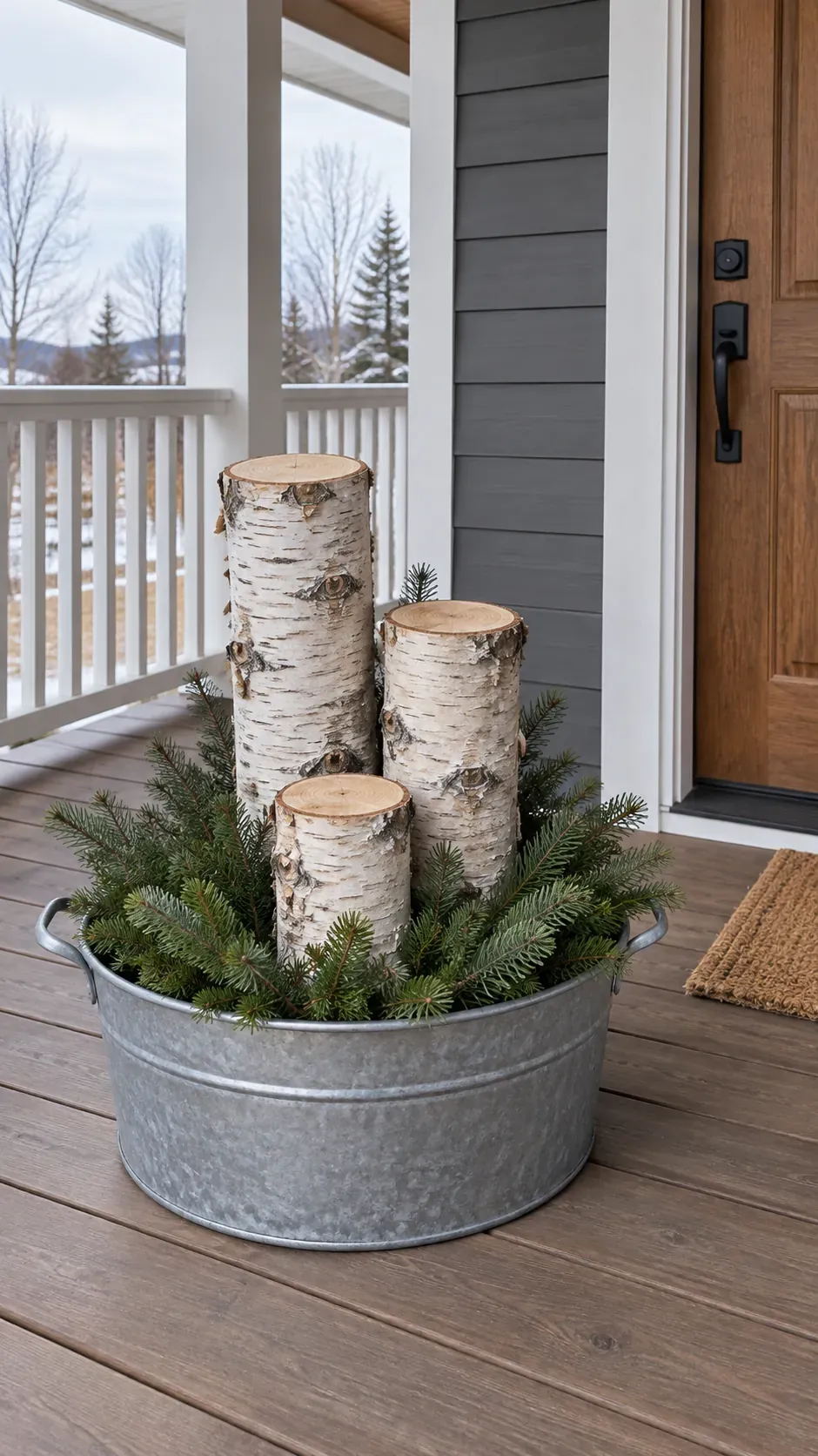 Anchor a birch log grouping in a low tub in a practical Christmas porch planter