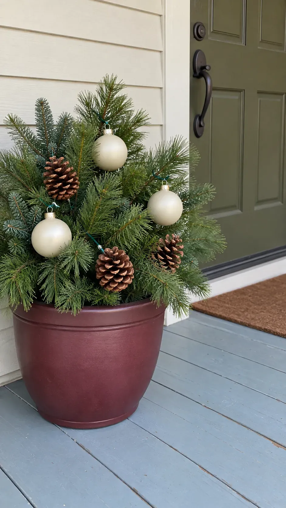 Secure a few outdoor ornaments among pinecones in a practical Christmas porch planter