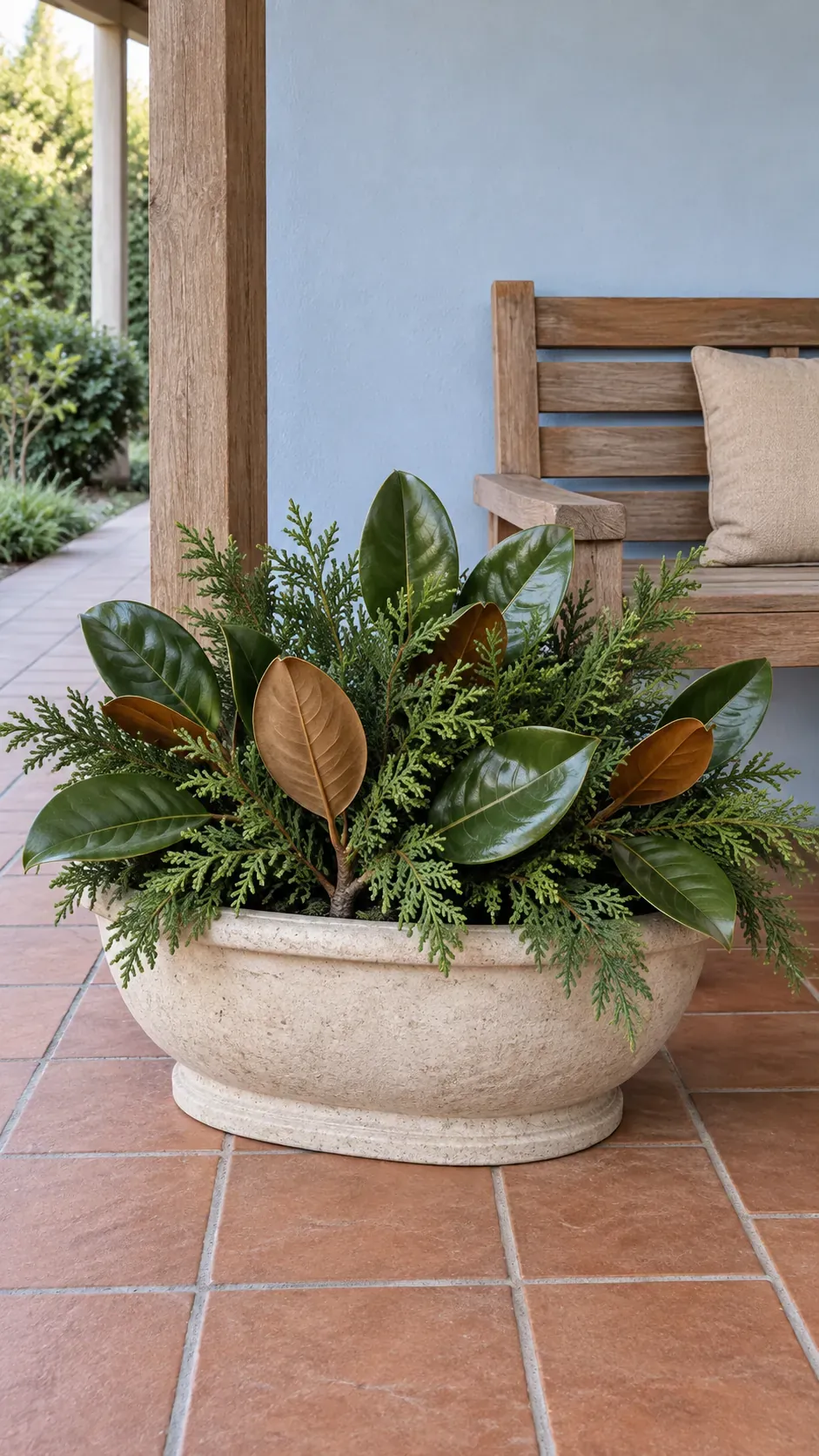 Contrast magnolia leaves with fine evergreen tips in a practical Christmas porch planter