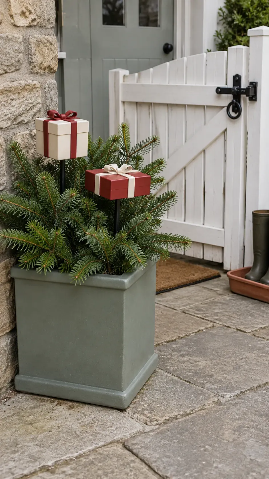 Use weather suitable gift shapes on real supports in a practical Christmas porch planter