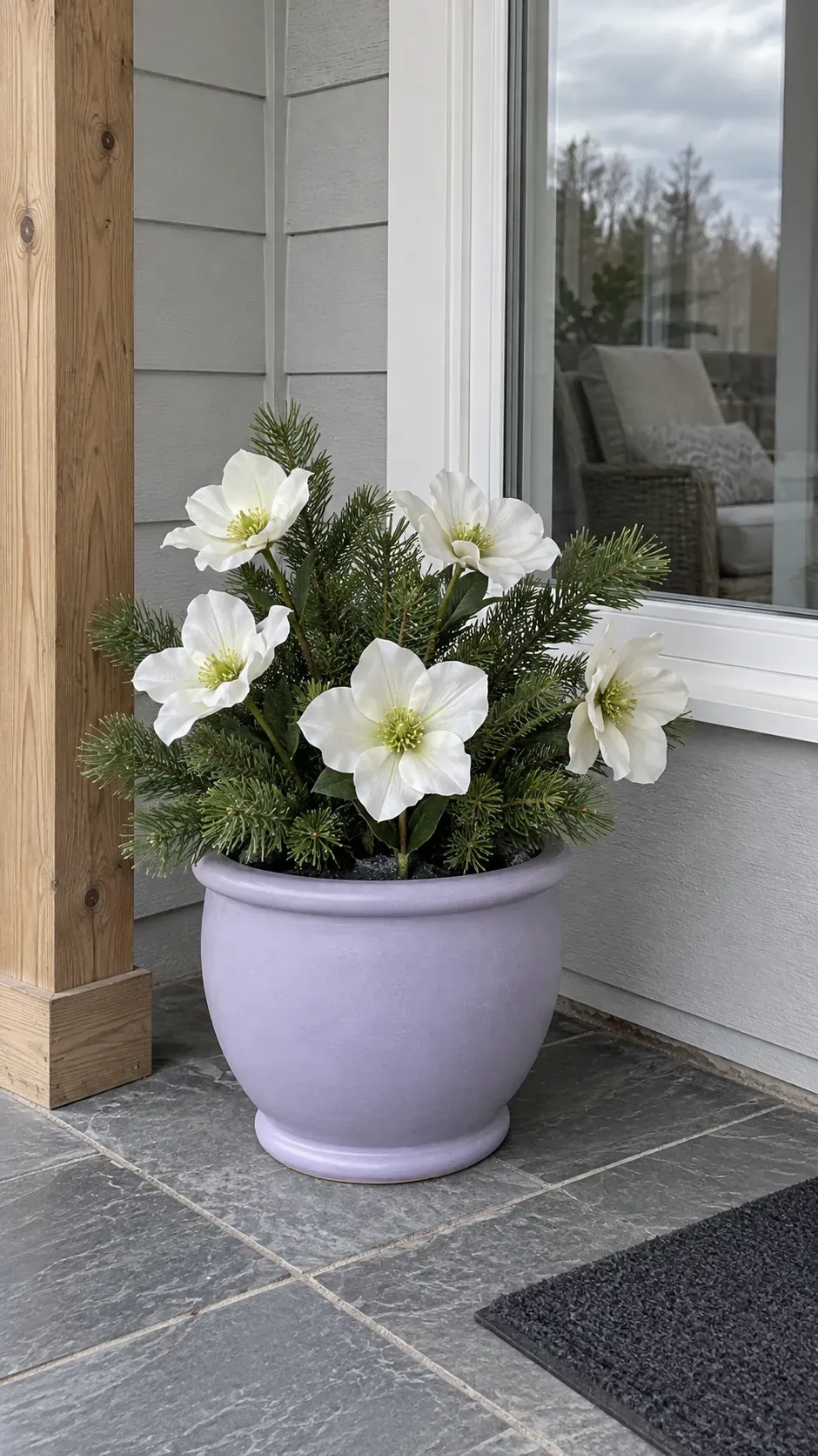 Add white flower stems only where the exposure fits in a practical Christmas porch planter