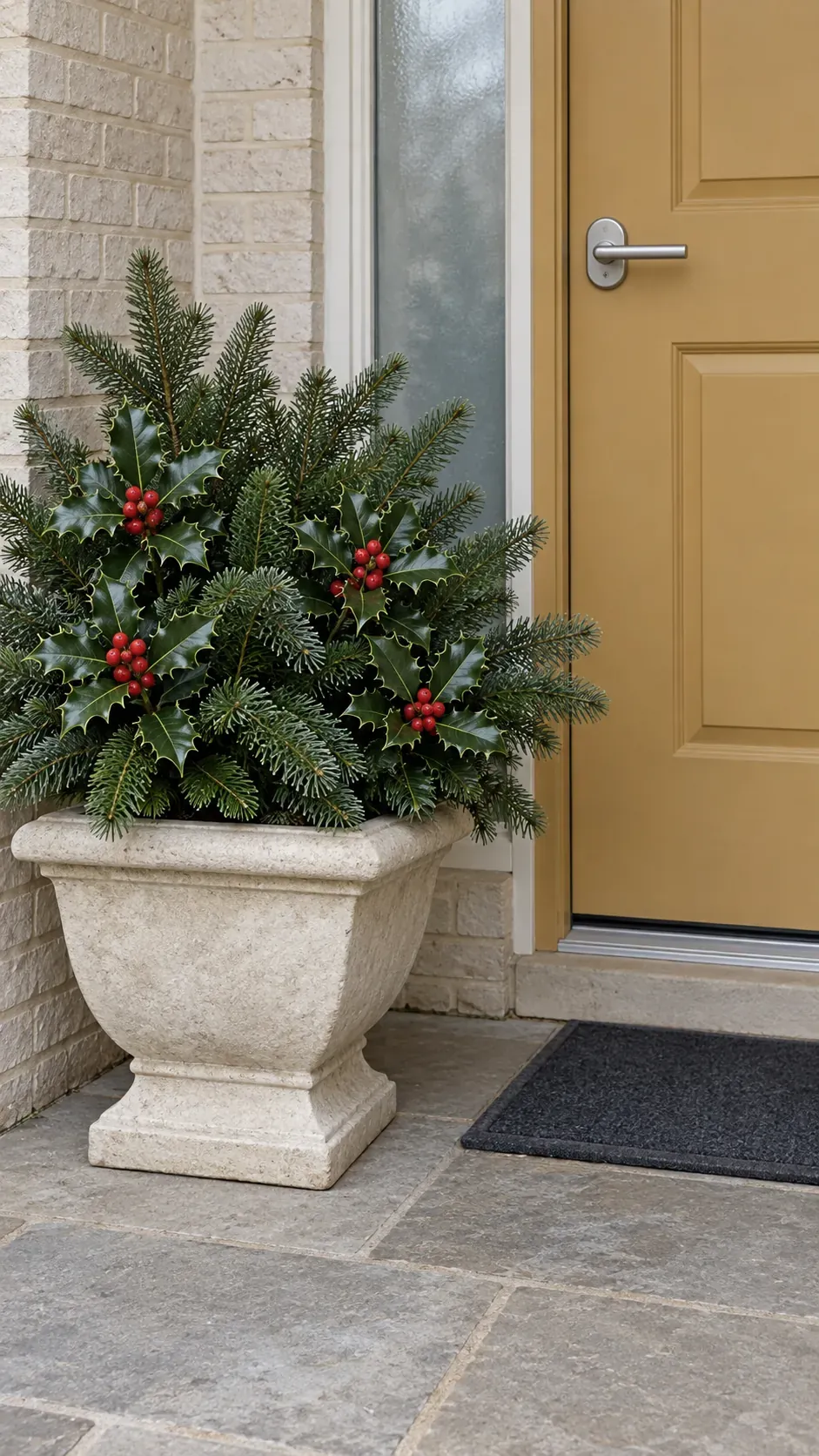Use a holly shaped accent with space around it in a practical Christmas porch planter