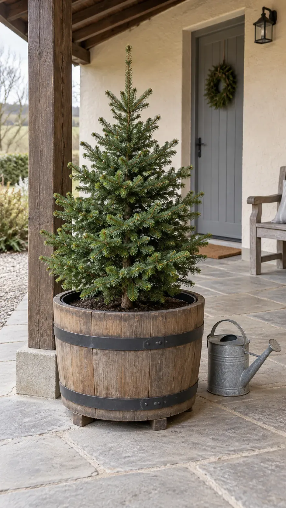 Choose a compact spruce for a sheltered porch corner in a practical Christmas porch planter