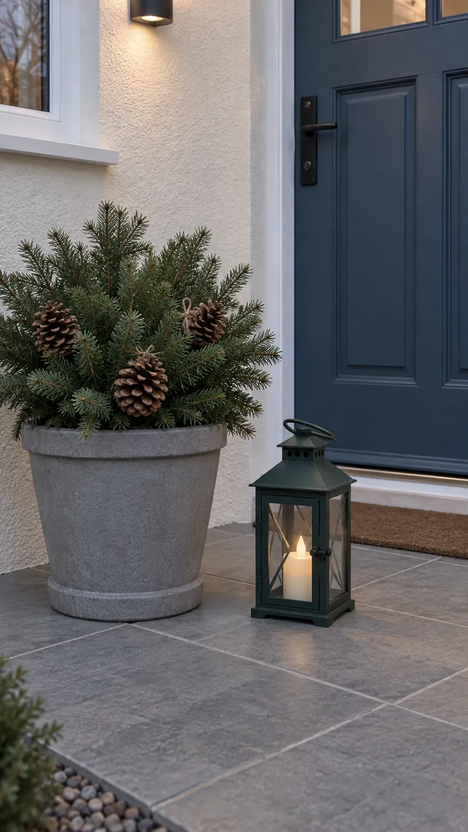 Place a lantern beside the planter rather than burying it in a practical Christmas porch planter
