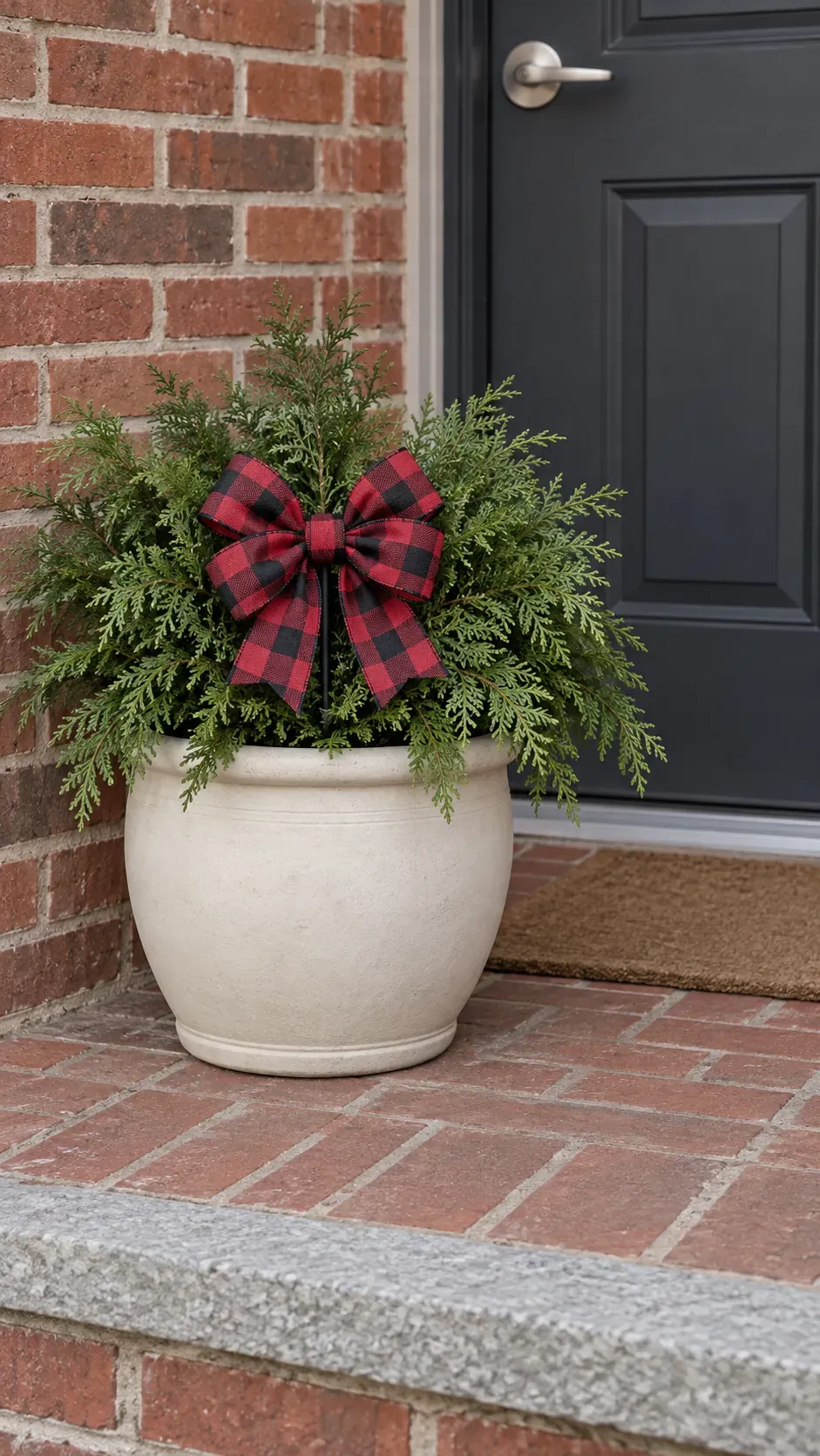Tie a short plaid bow to a secure branch in a practical Christmas porch planter