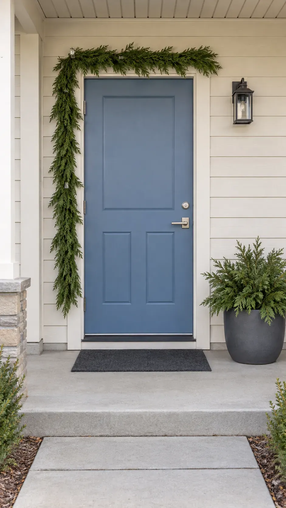 Coordinate the planter with a modest doorway garland in a practical Christmas porch planter