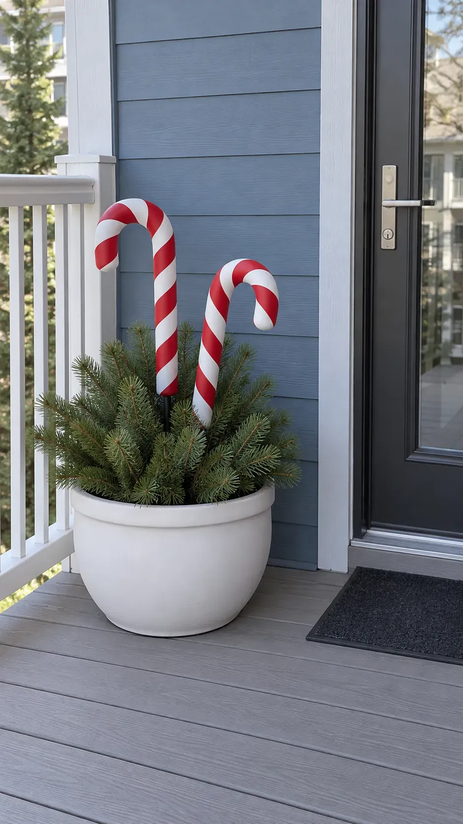 Set striped decorative stakes within the pot footprint in a practical Christmas porch planter