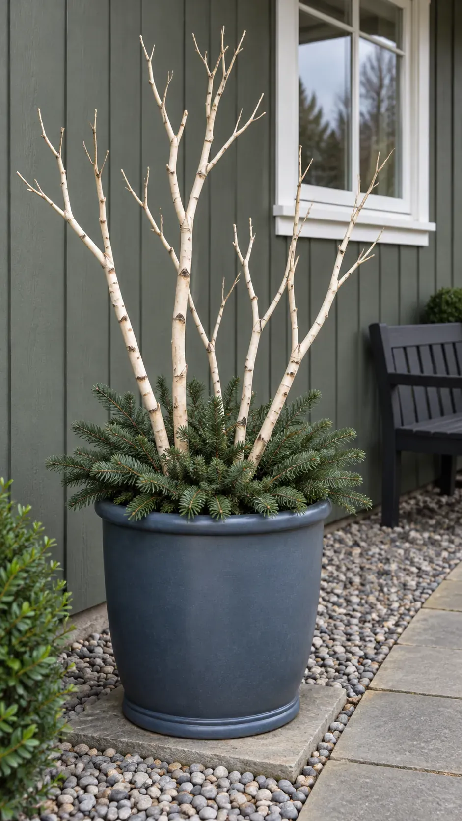 Use naturally pale stems instead of loose snow effects in a practical Christmas porch planter