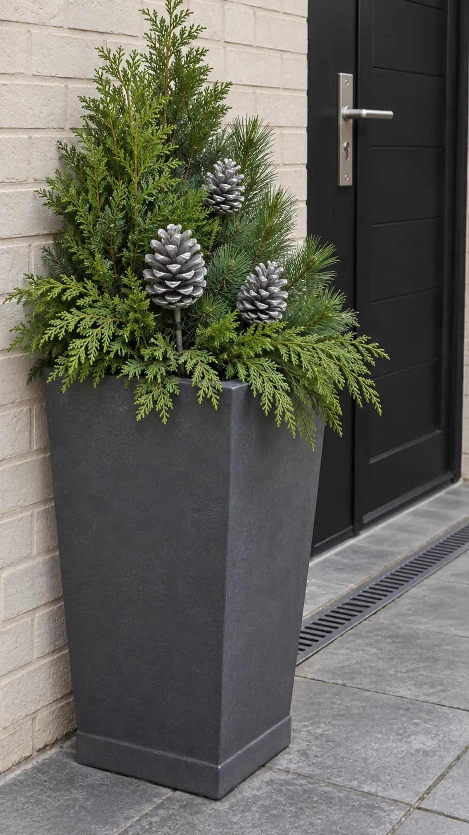 Repeat silver in a few firmly attached pinecones in a practical Christmas porch planter