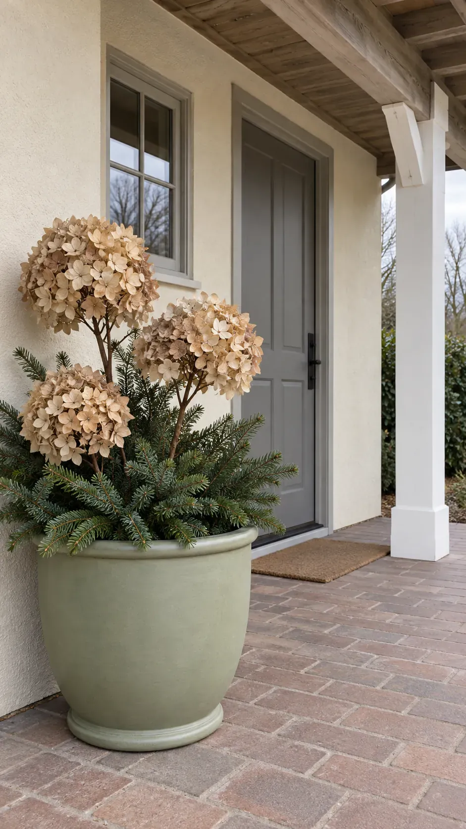 Keep dried hydrangea under real shelter in a practical Christmas porch planter