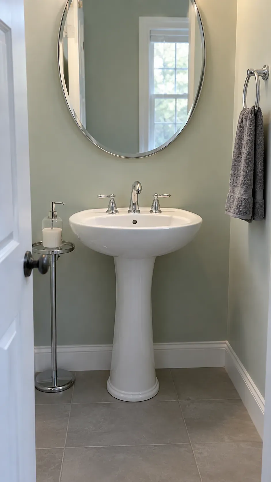 Uncluttered pedestal sink with a narrow soap stand and accessible hand towel
