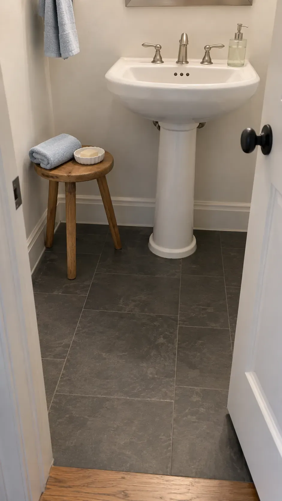 Movable oak stool footprint, elevated doorway perspective, charcoal floor and pale blue towel