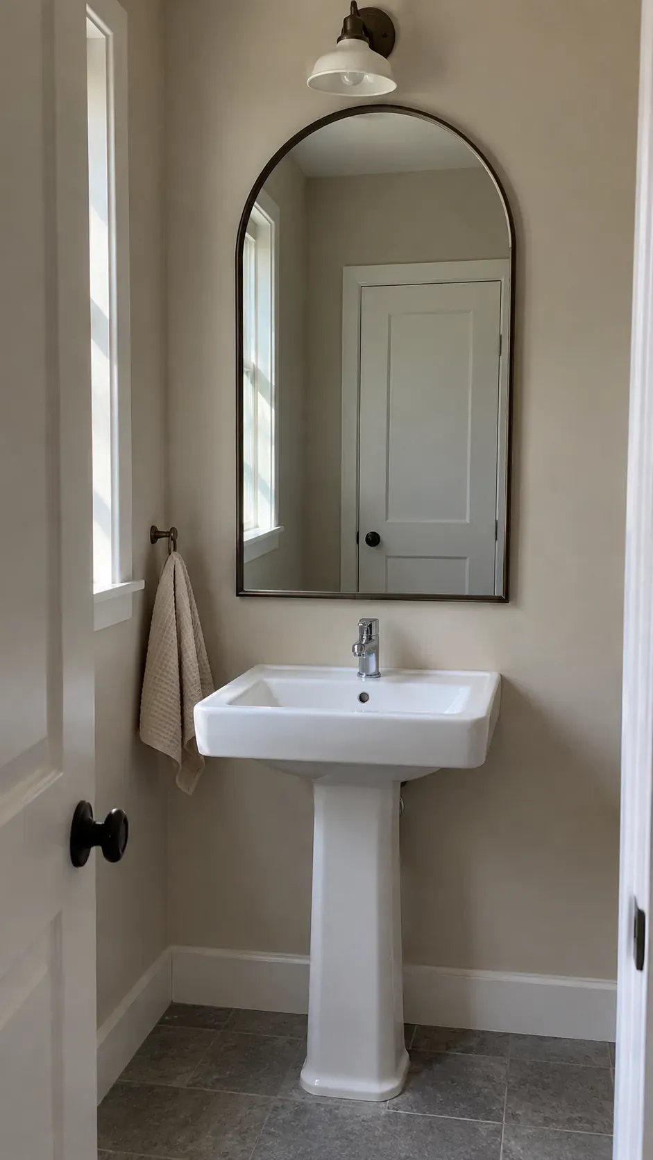 Arched mirror as main wall subject, offset eye level, mushroom paint and bronze