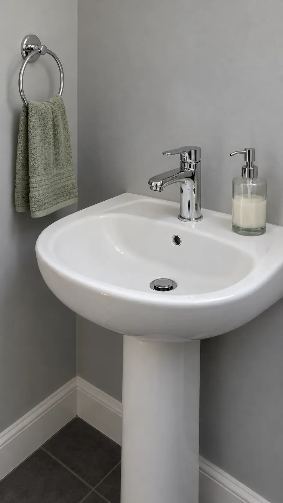 Matching chrome accents, compressed near frontal view, gray wall and sage textile
