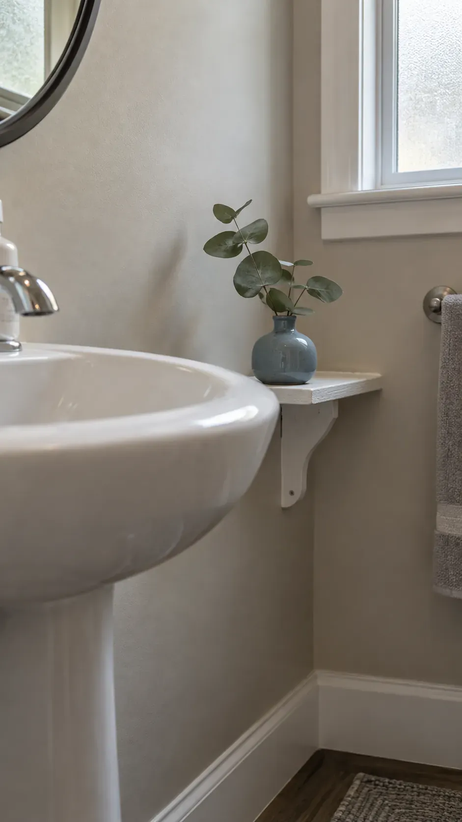 Short stem beyond splash zone, intimate upward view, small window and blue vase