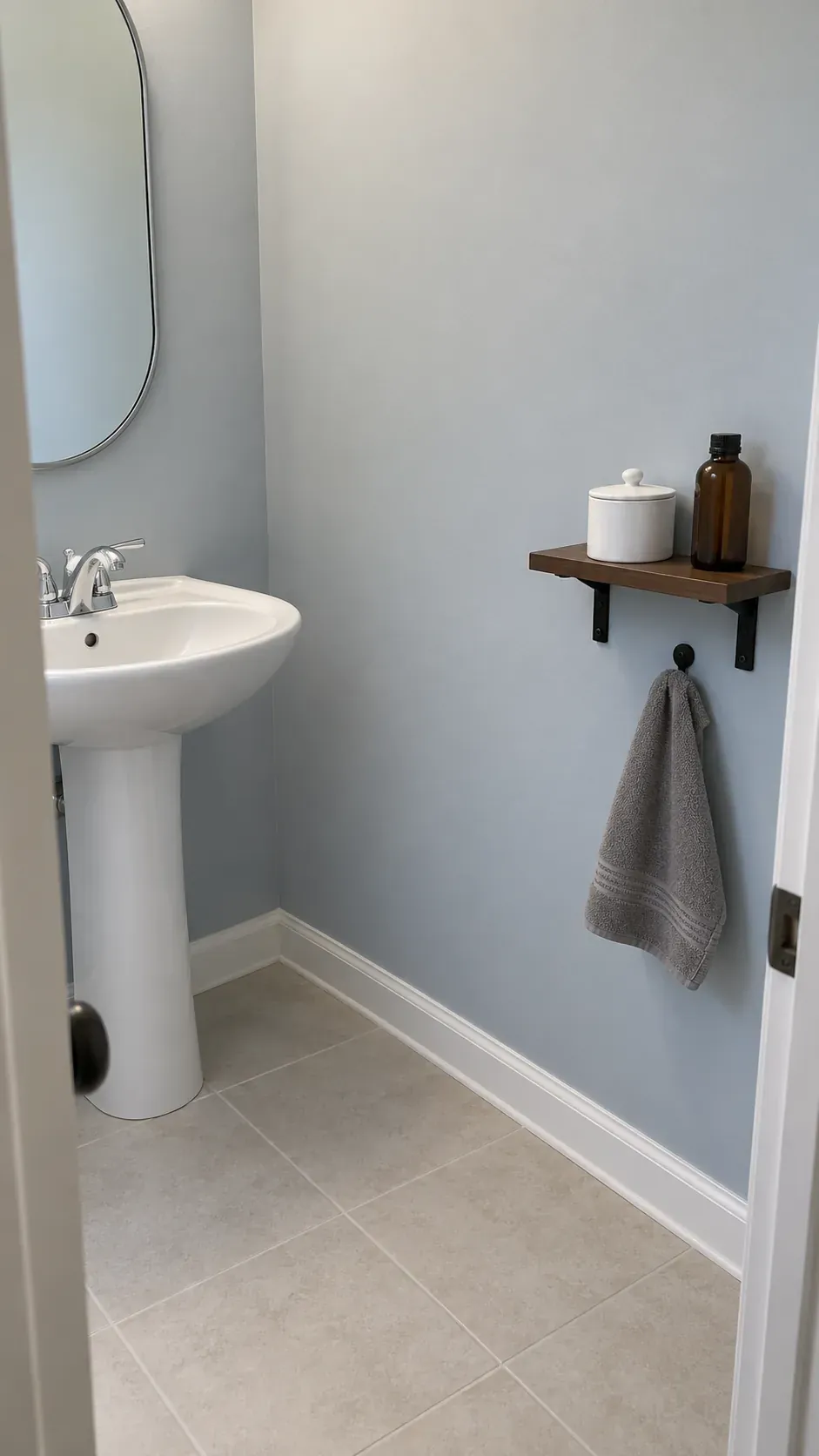 Separate guest supply shelf, angled room view, walnut board and blue gray paint