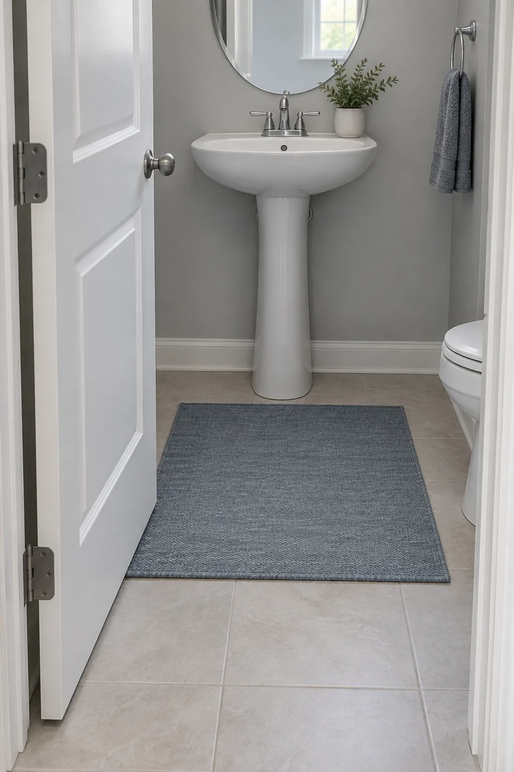 Thin powder room rug placed beyond the open door