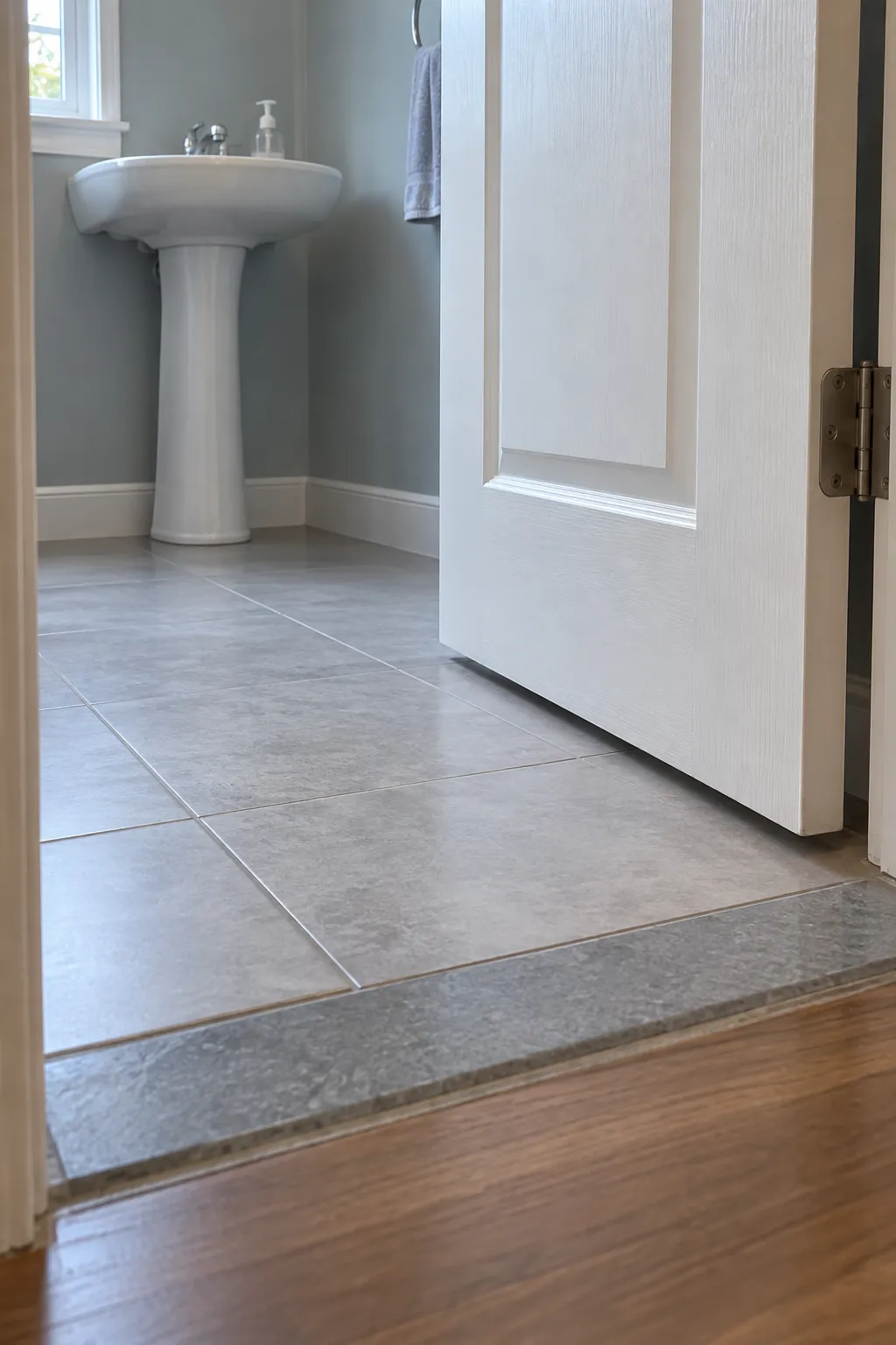 Full swing on bare tile in a compact powder room