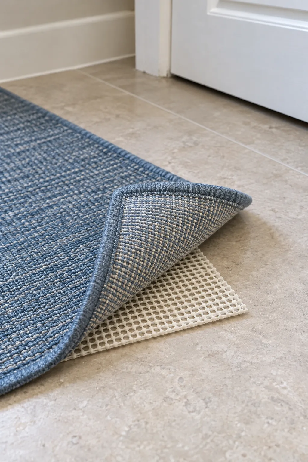 The complete rug and pad stack in a compact powder room