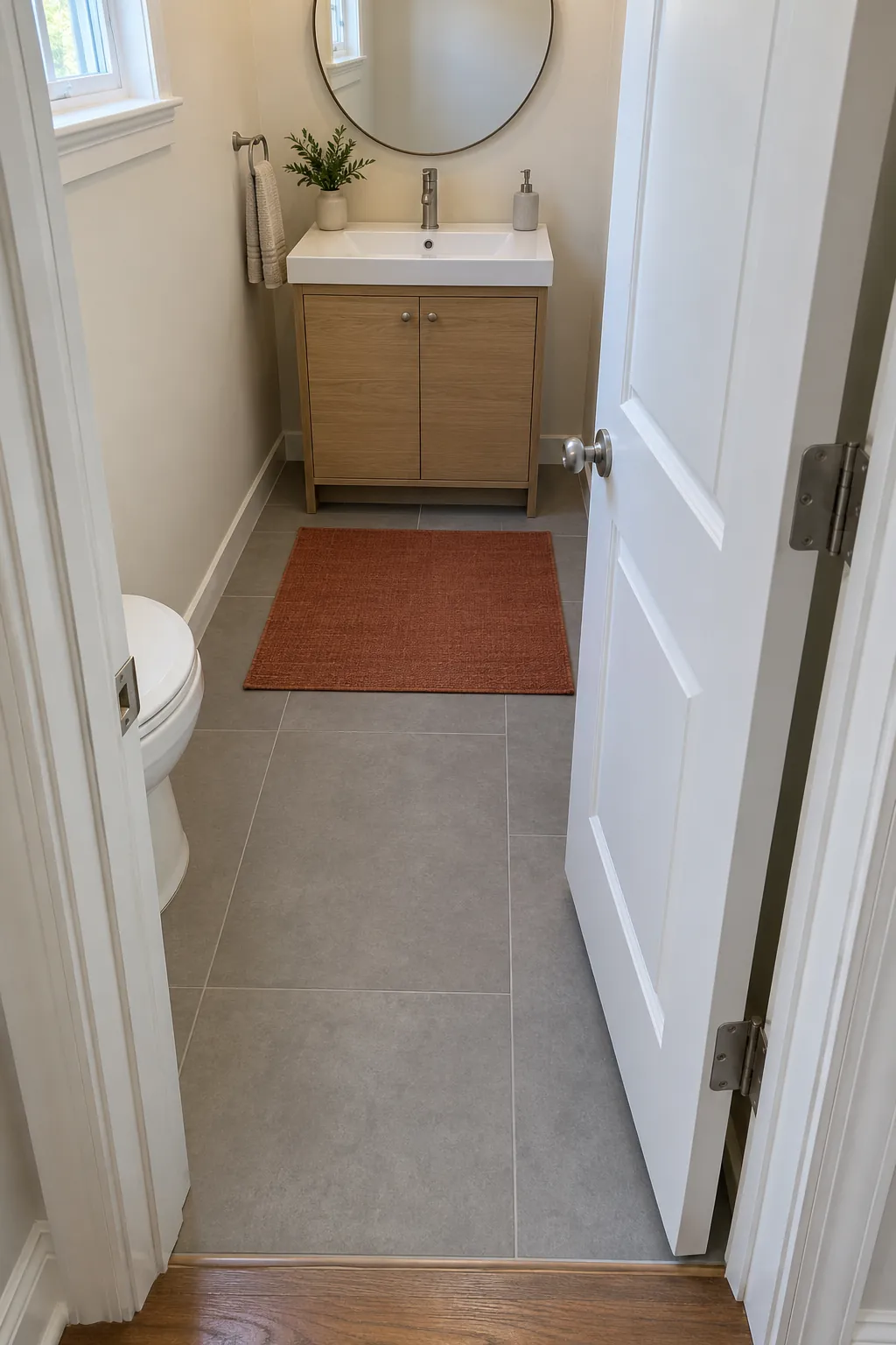 Place the rug beyond the swing in a compact powder room