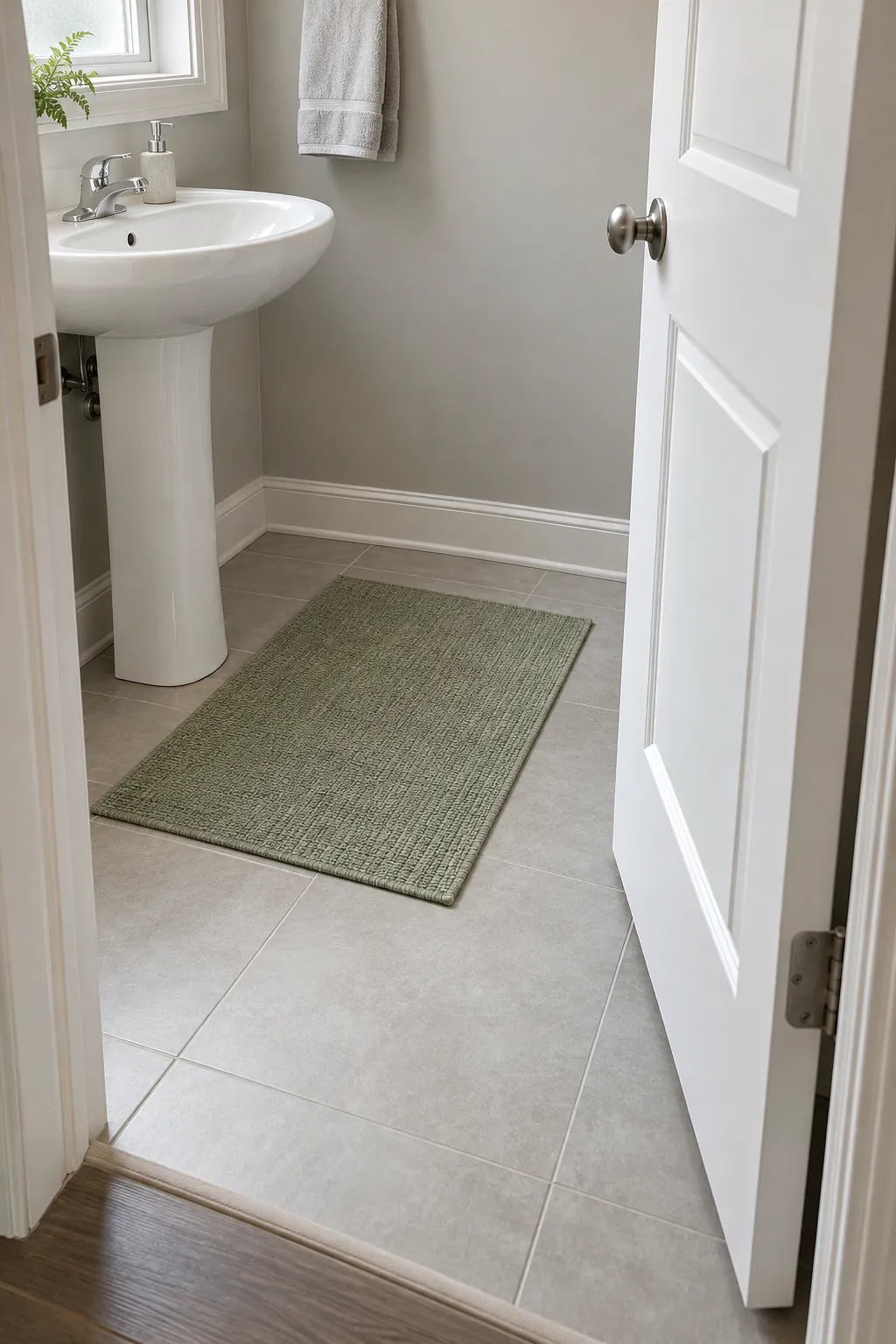 Final freely moving door setup in a compact powder room