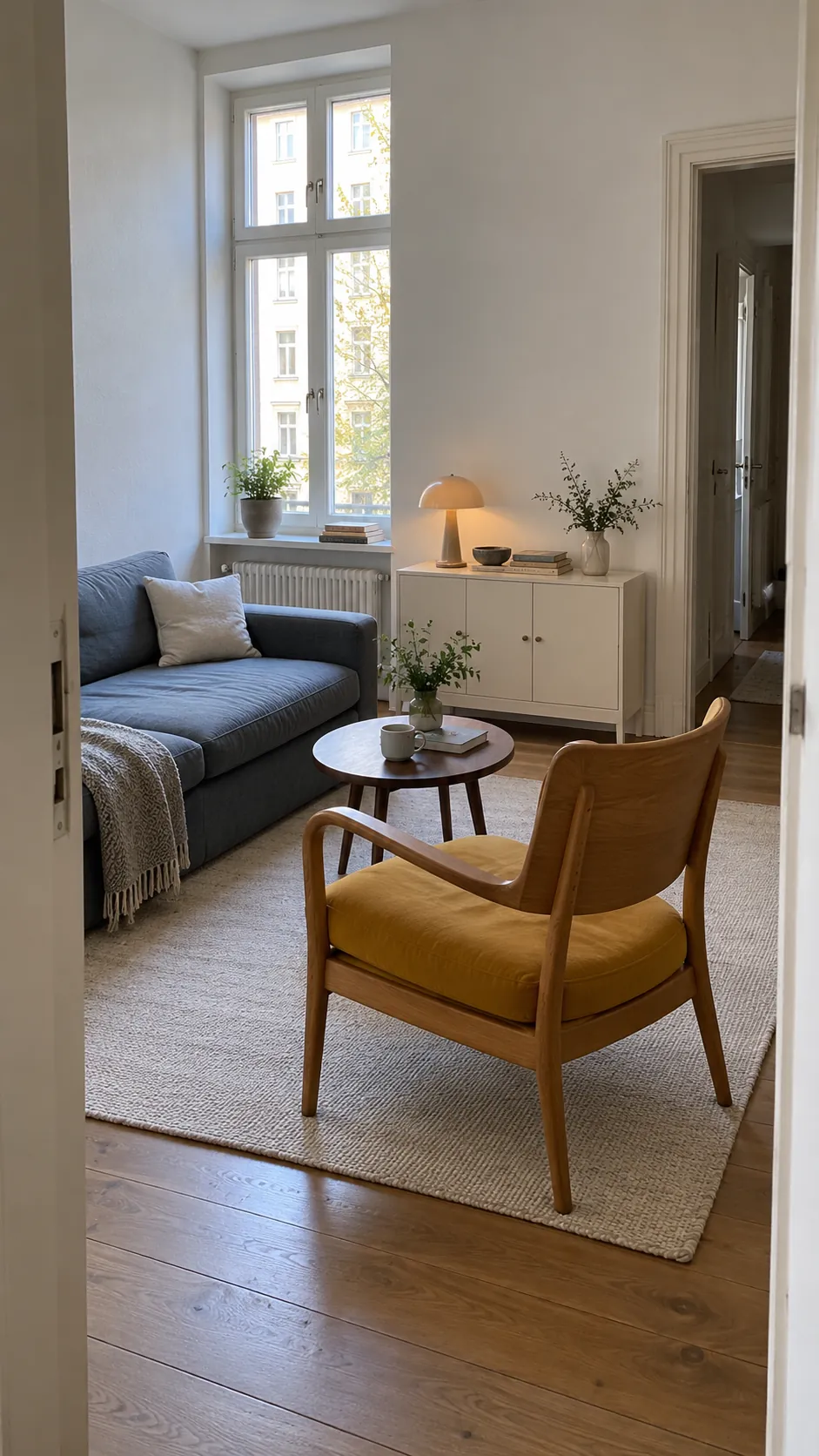 Comfortable retro room with curved oak chair and practical level seating