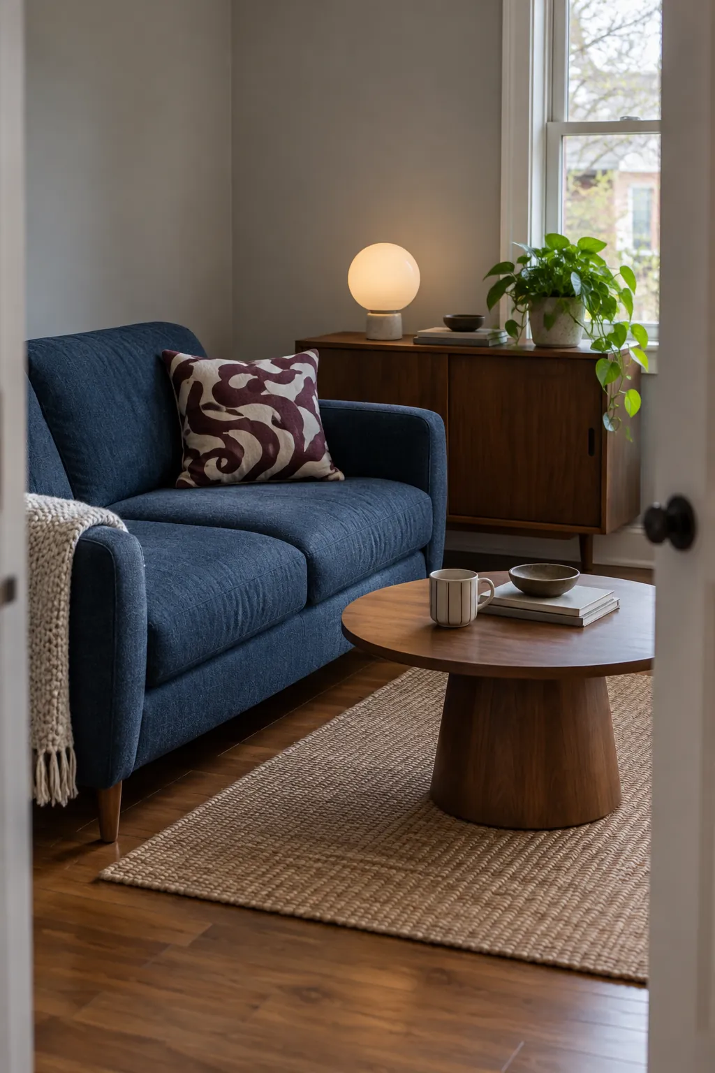Practical seventies house decor with patterned cushion and globe lamp