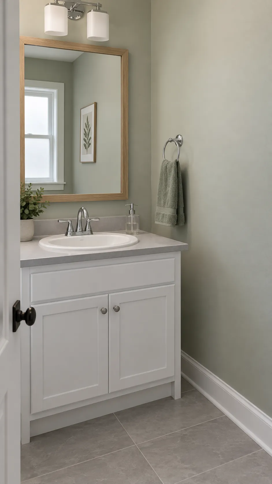Basic white powder room fixtures connected by sage accents and an oak mirror frame