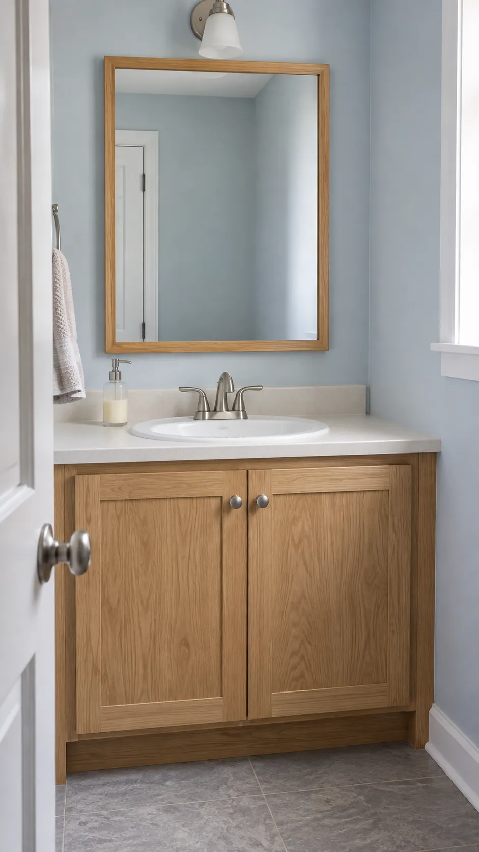 Thin oak frame connects mirror and vanity in an existing powder room