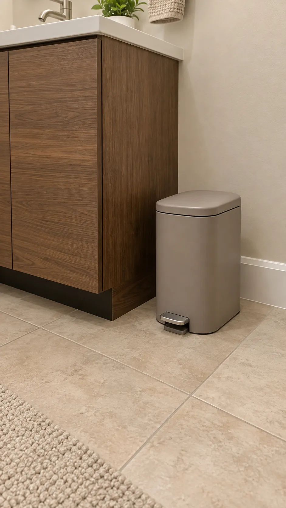 A muted waste bin relates to the vanity in an existing powder room