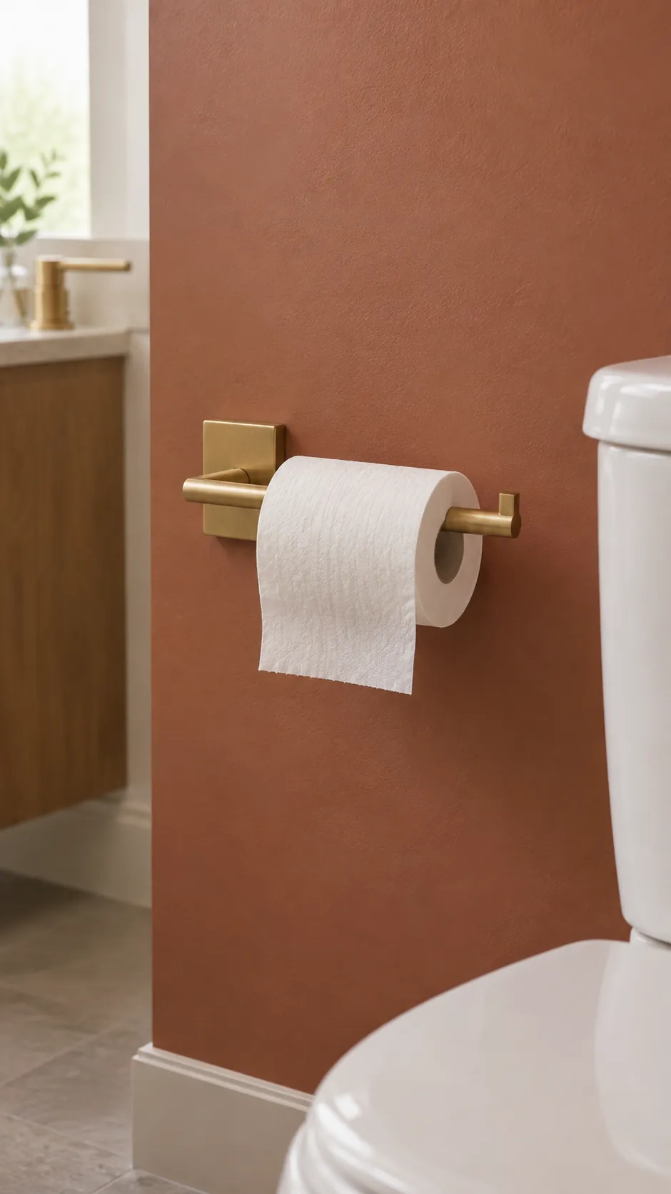 Straight brass holder echoes a lever shape in an existing powder room