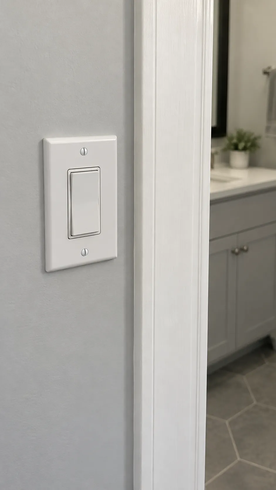 Plain white switch plate recedes beside white trim in an existing powder room