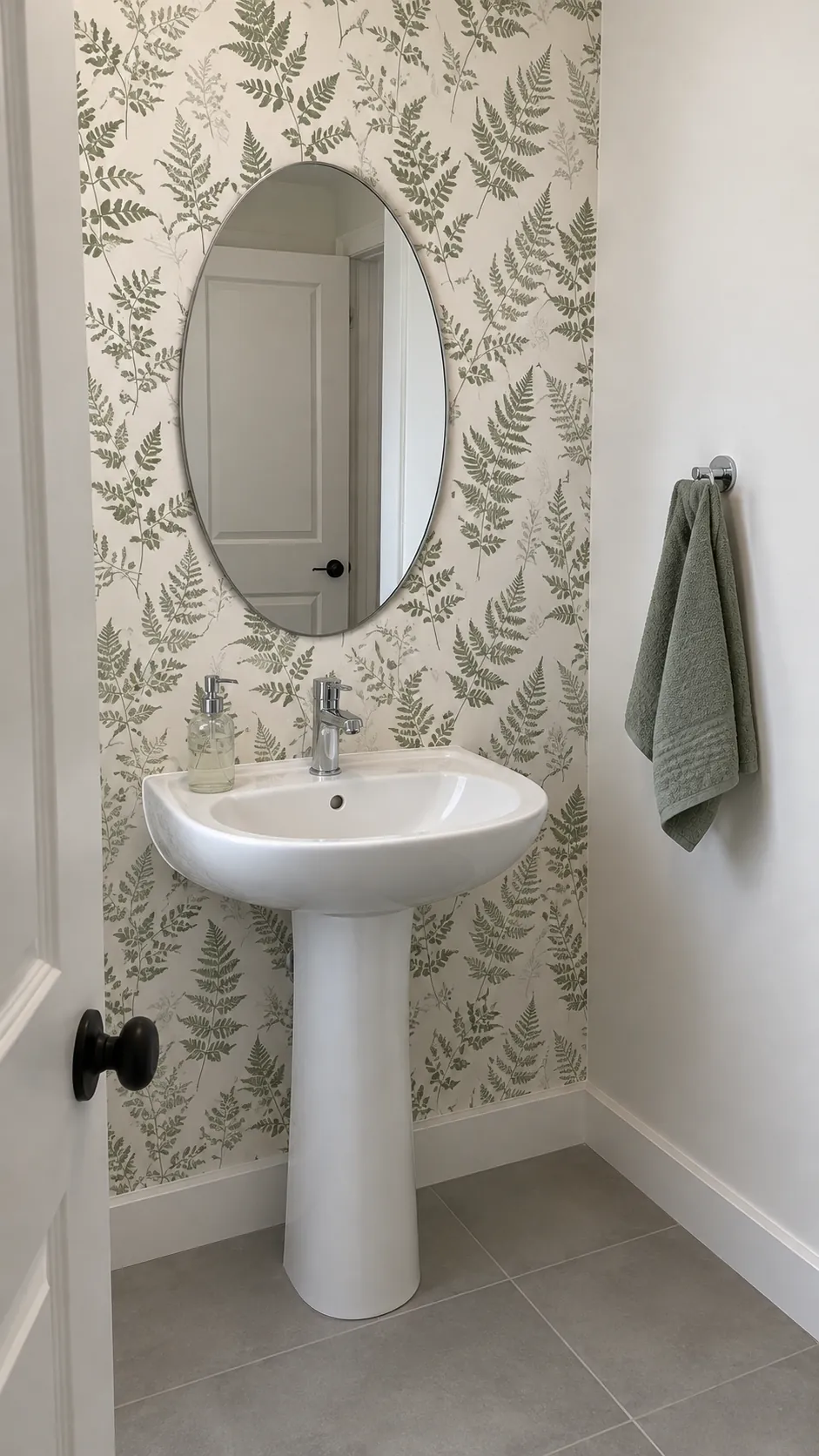 Botanical wallpaper links white ceramic and sage in an existing powder room