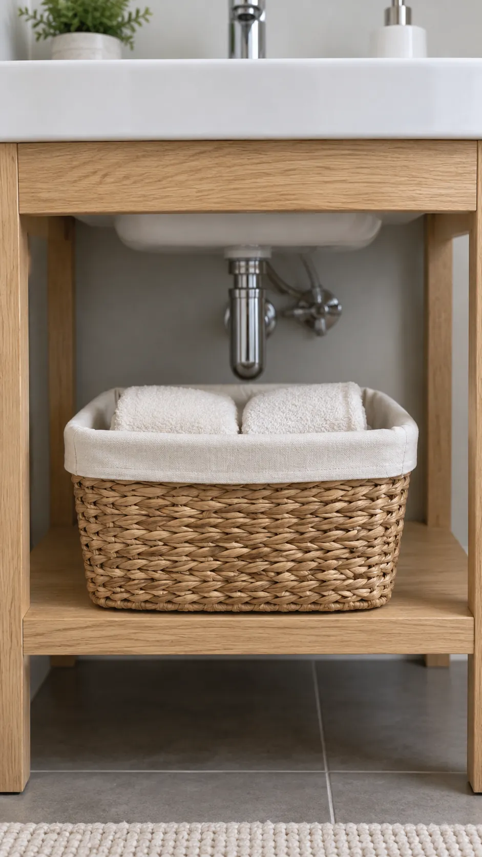Woven basket softens hard porcelain surfaces in an existing powder room